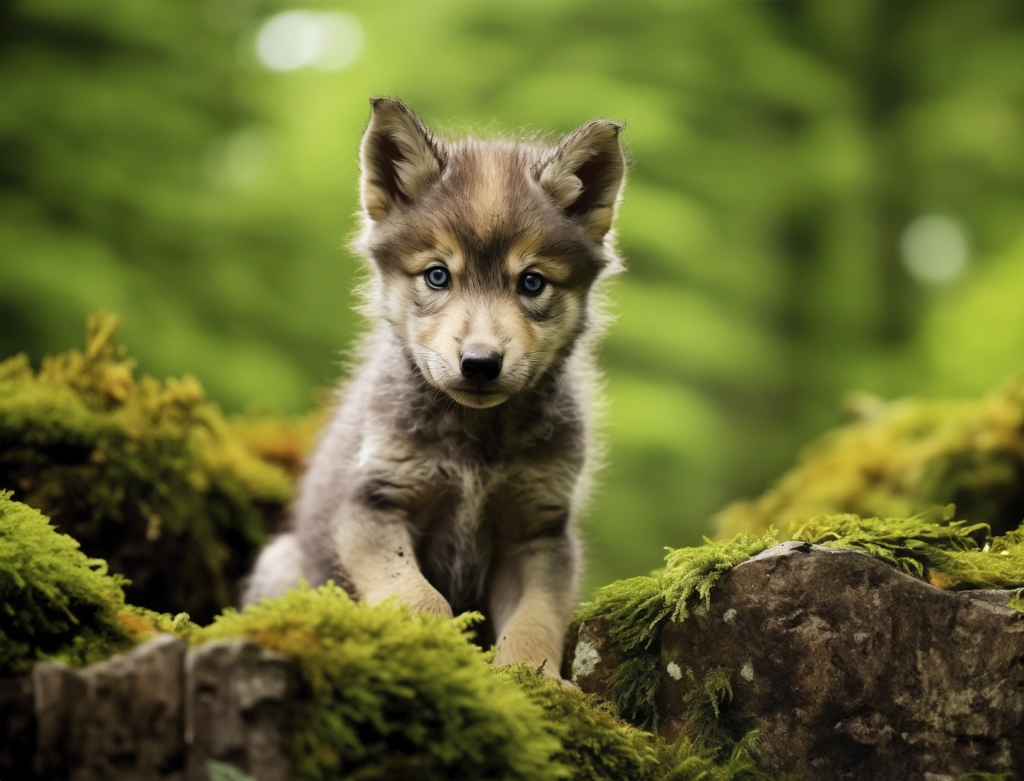 Fotografía de un cachorro de lobo en el entorno de un bosque. Sus ojos, tiernos, dulces e inquisitivos, miran directamente a la cámara.
El fondo está desenfocado y en la parte frontal se pueden ver piedras y musgos. Predominan los verdes del bosque y los marrones del animal.